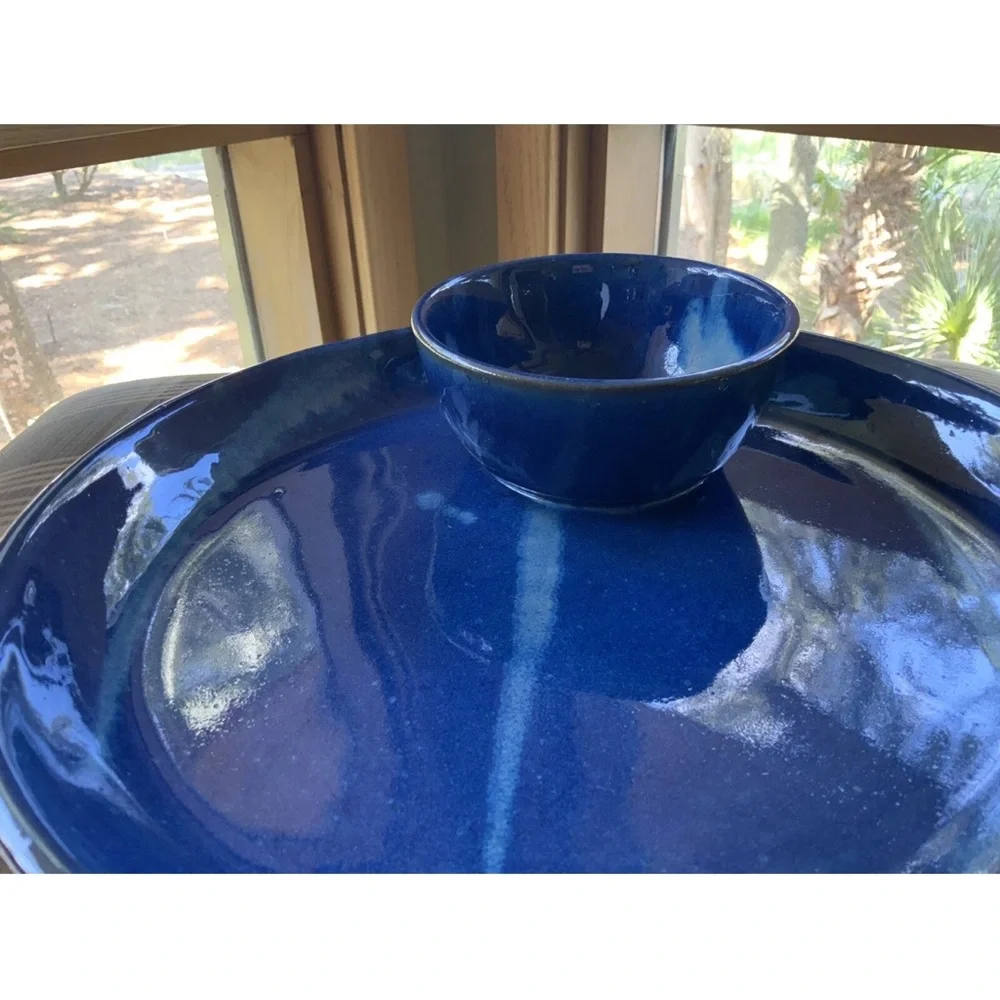 Prado Stoneware Collection Blue Glazed Pottery Chip and Dip Bowl Handmade